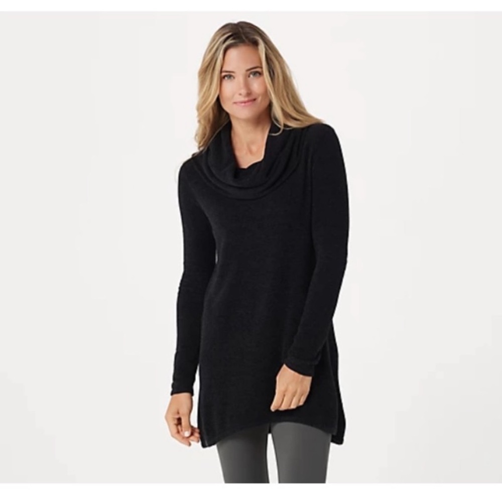 Barefoot Dreams CozyChic Lite Waffle Cowl Neck Tunic Heather Carbon SZ M